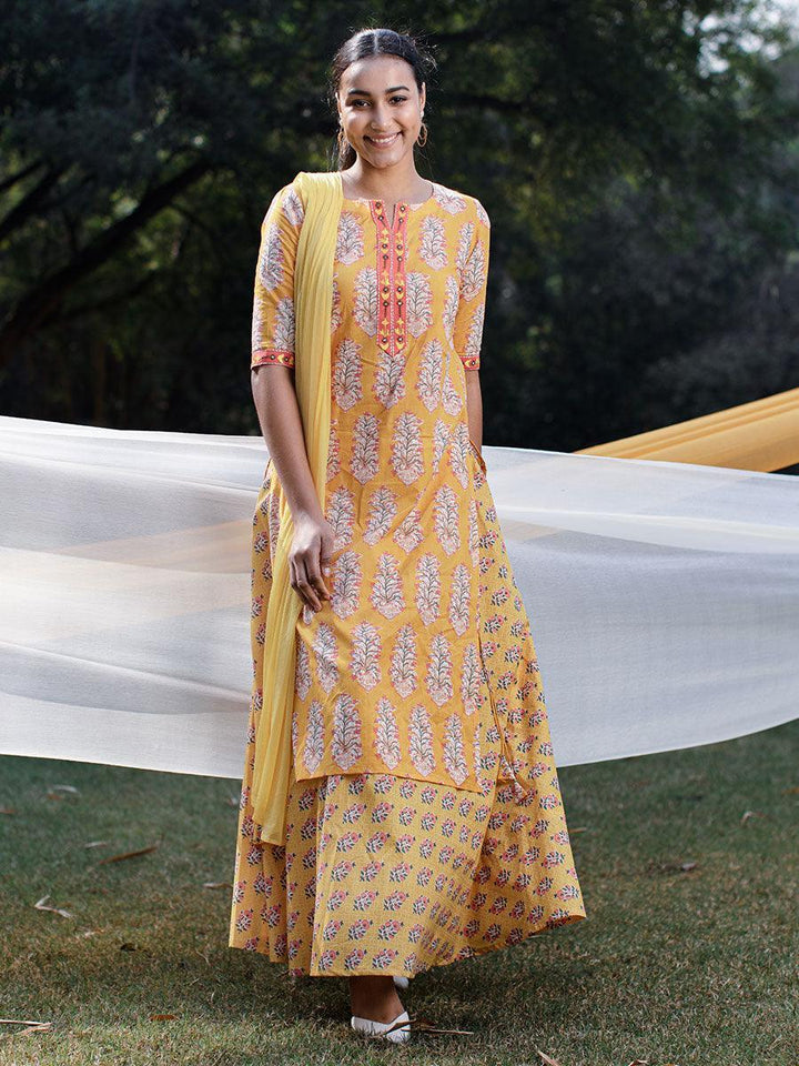 Yellow Printed Cotton Suit Set