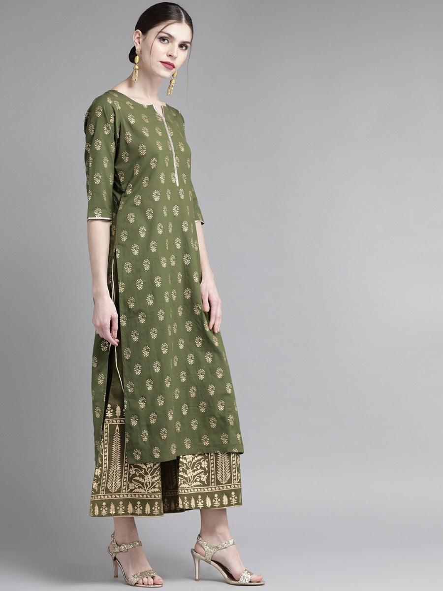 Olive Green Printed Cotton Kurta Set - ShopLibas