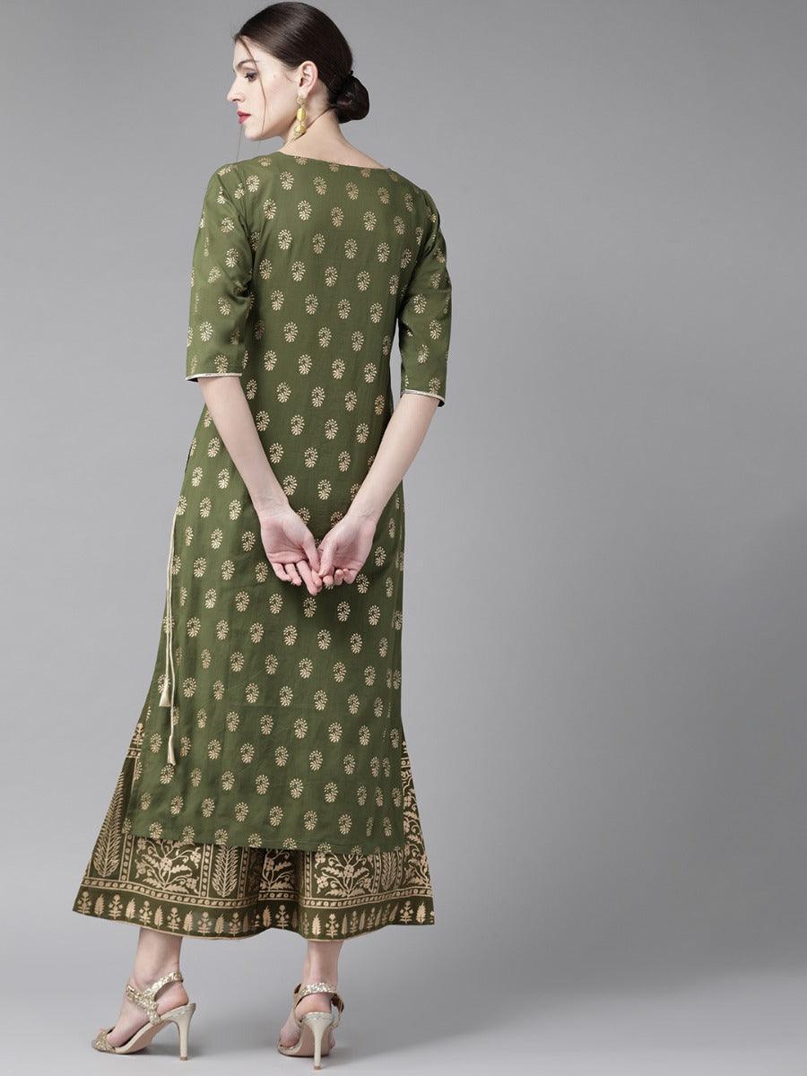 Olive Green Printed Cotton Kurta Set - ShopLibas