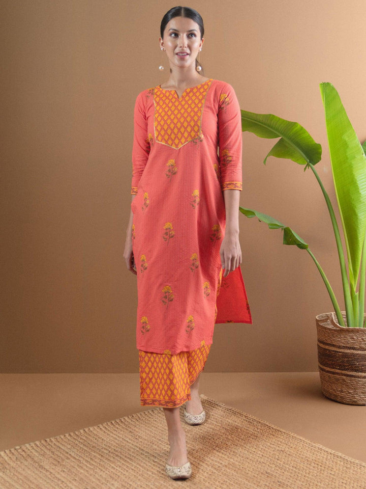 Multicoloured Printed Cotton Kurta Set With Mask