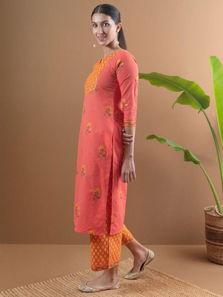 Multicoloured Printed Cotton Kurta Set With Mask