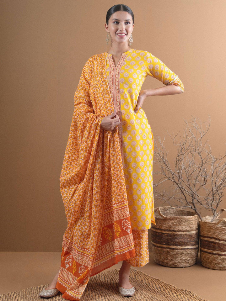 Yellow Printed Cotton Suit Set