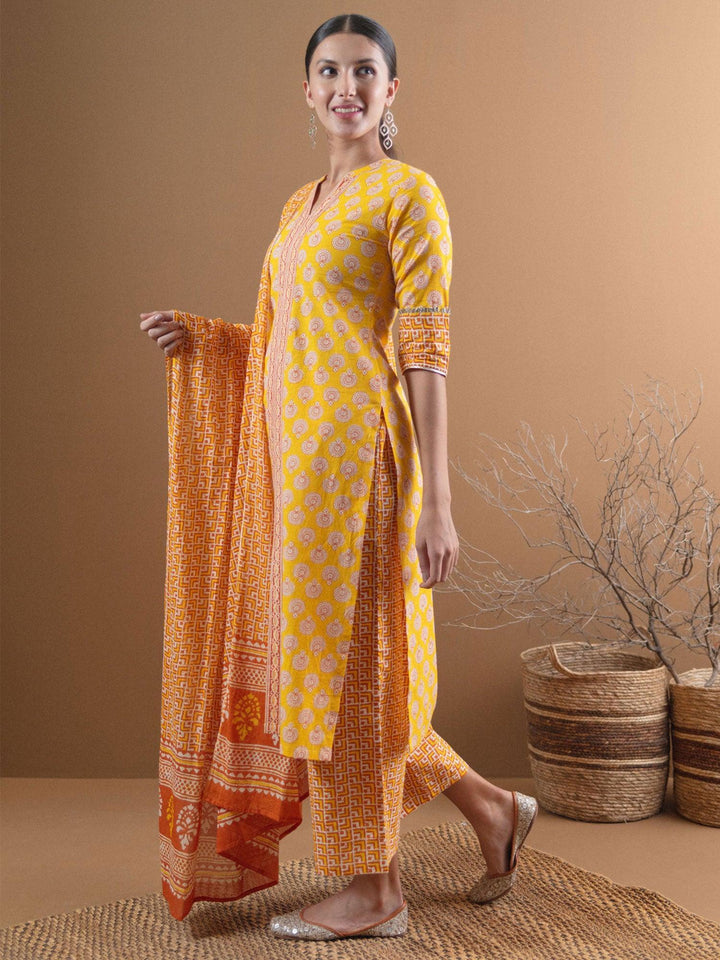 Yellow Printed Cotton Suit Set