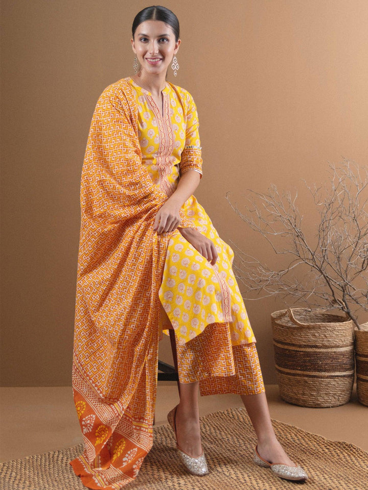 Yellow Printed Cotton Suit Set