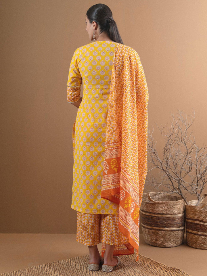Yellow Printed Cotton Suit Set