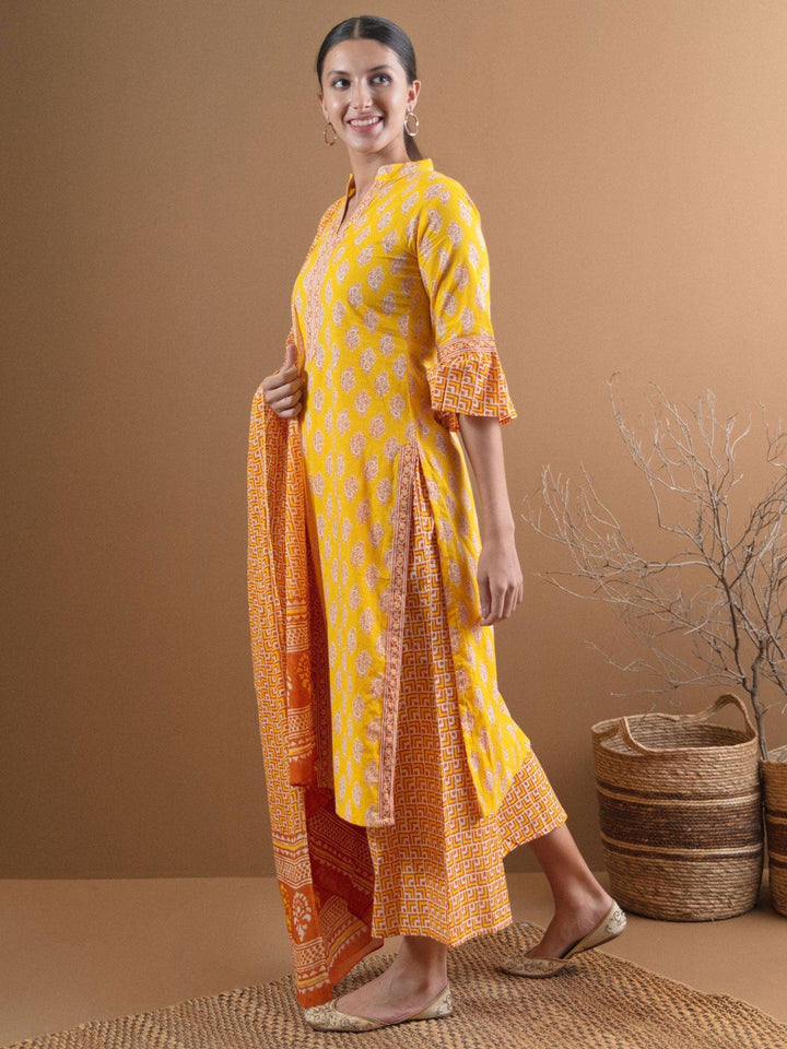 Yellow Printed Cotton Suit Set With Mask