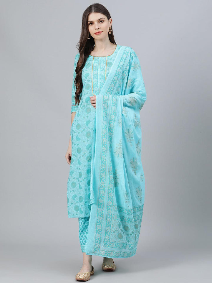 Blue Printed Cotton Suit Set