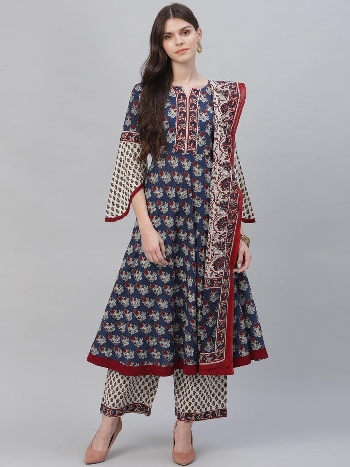 Navy Blue Printed Cotton Suit Set