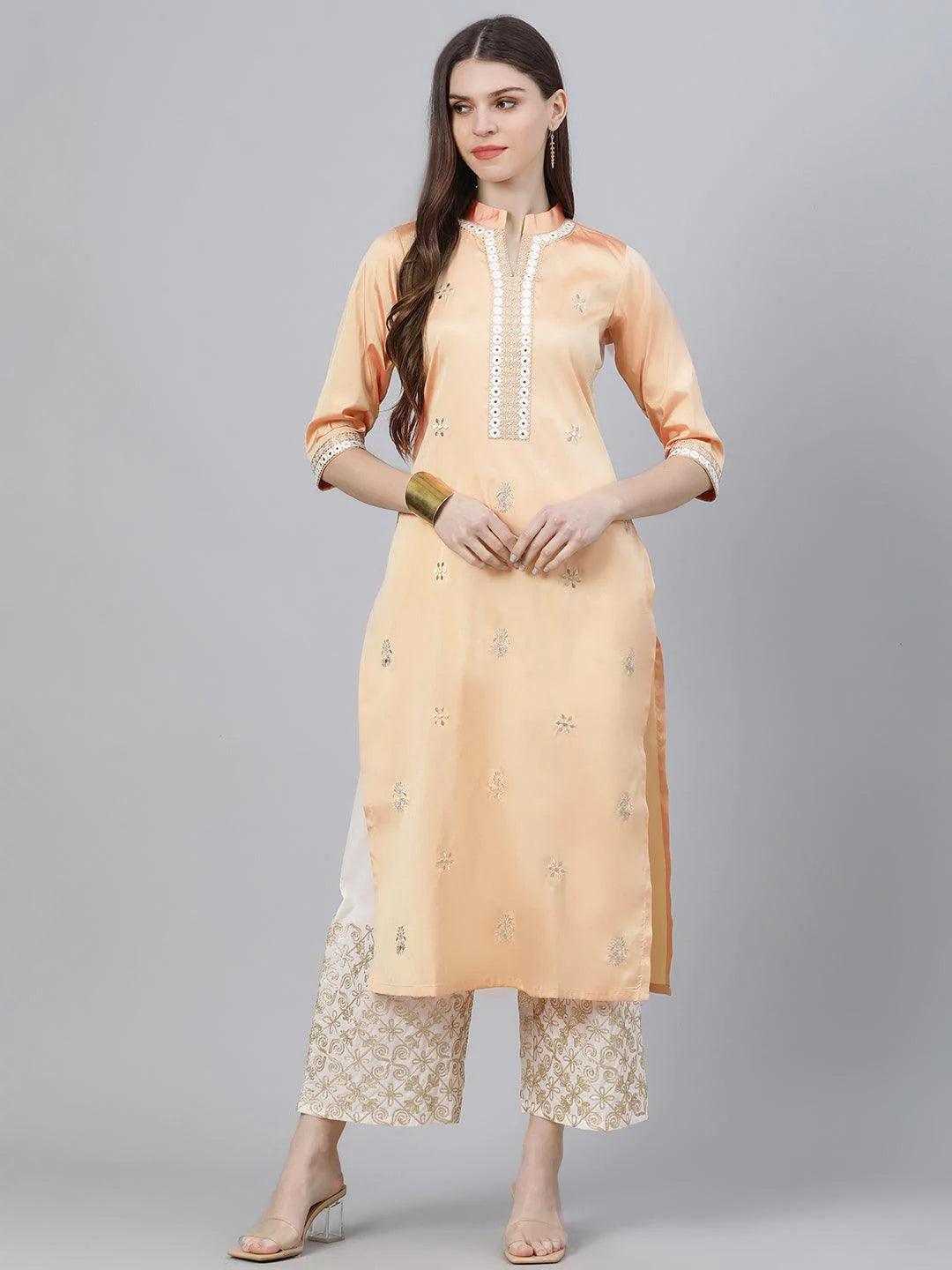 Peach Embroidered Chanderi Kurta Set - ShopLibas