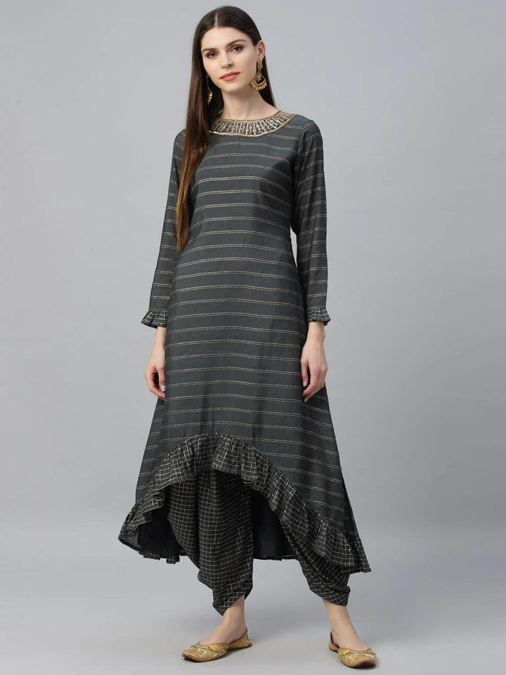 Grey Striped Shantoon Kurta Set