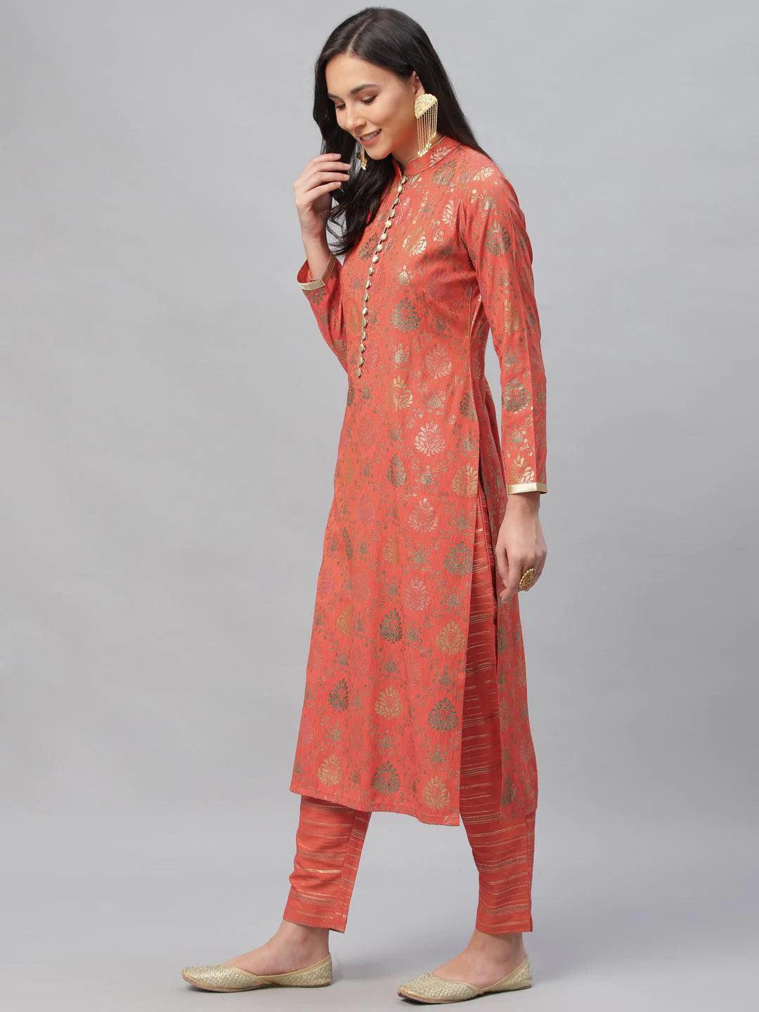 Orange Printed Rayon Kurta Set - ShopLibas