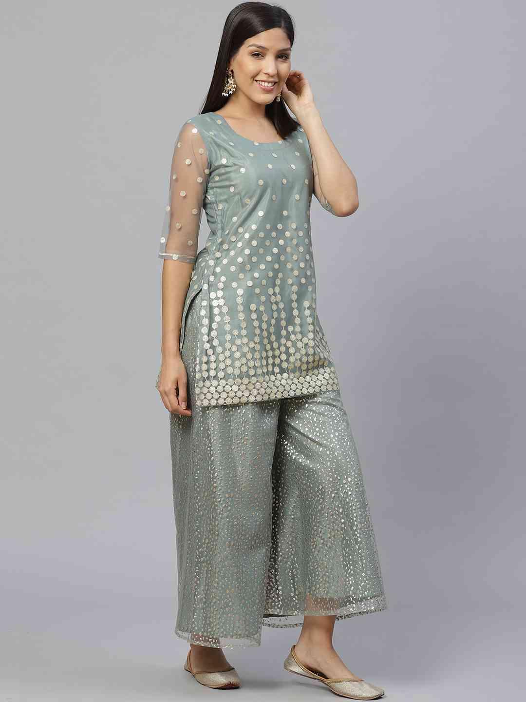 Green Printed Net Suit Set - ShopLibas