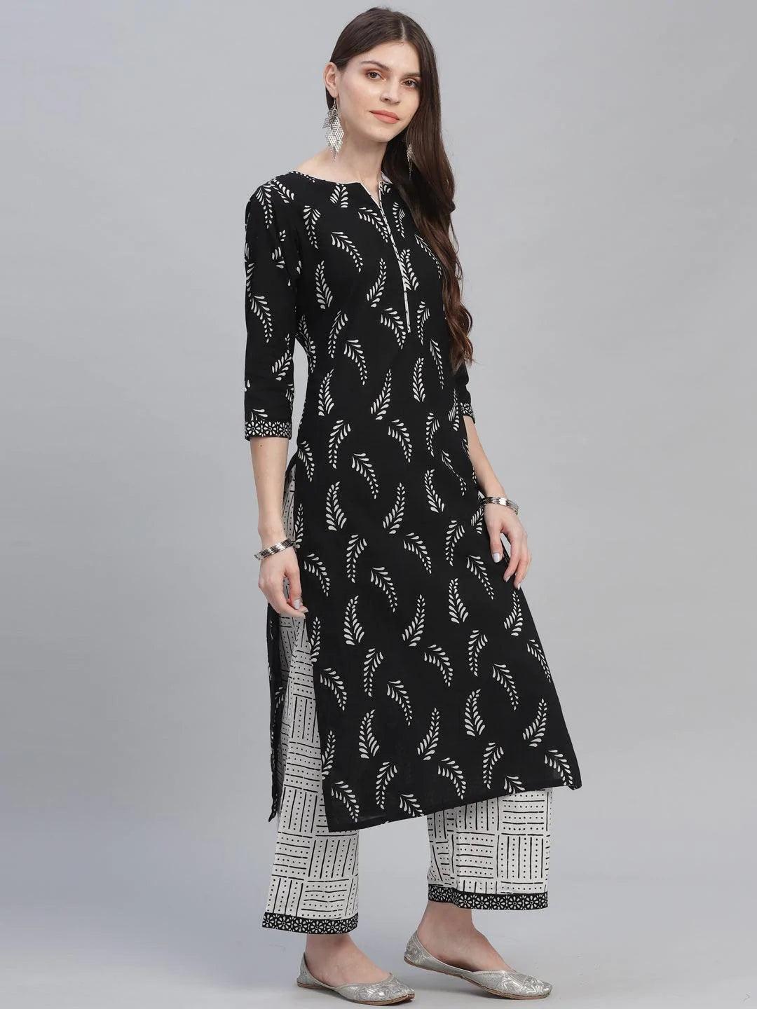 Black Printed Cotton Suit Set - ShopLibas
