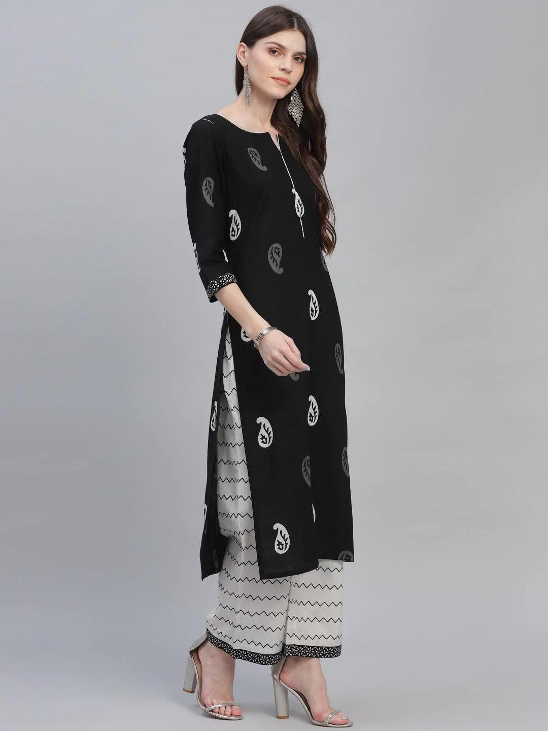 Black Printed Cotton Suit Set - ShopLibas