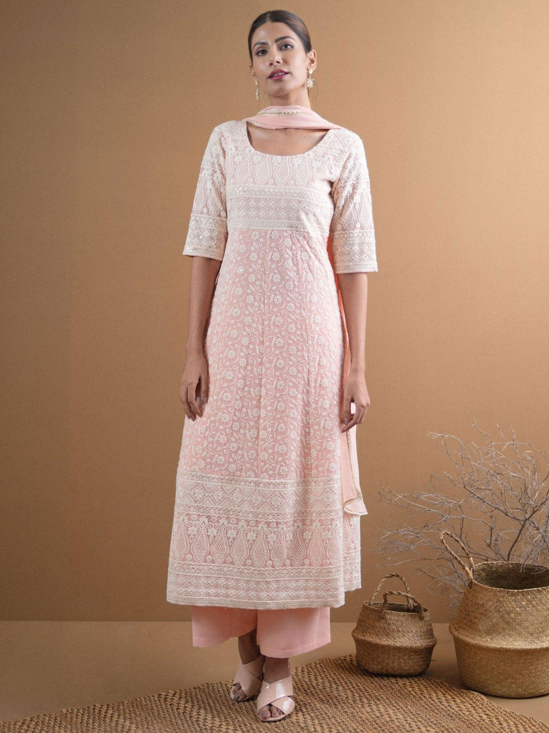 REYNA Pink Embroidered Georgette Suit Set - ShopLibas