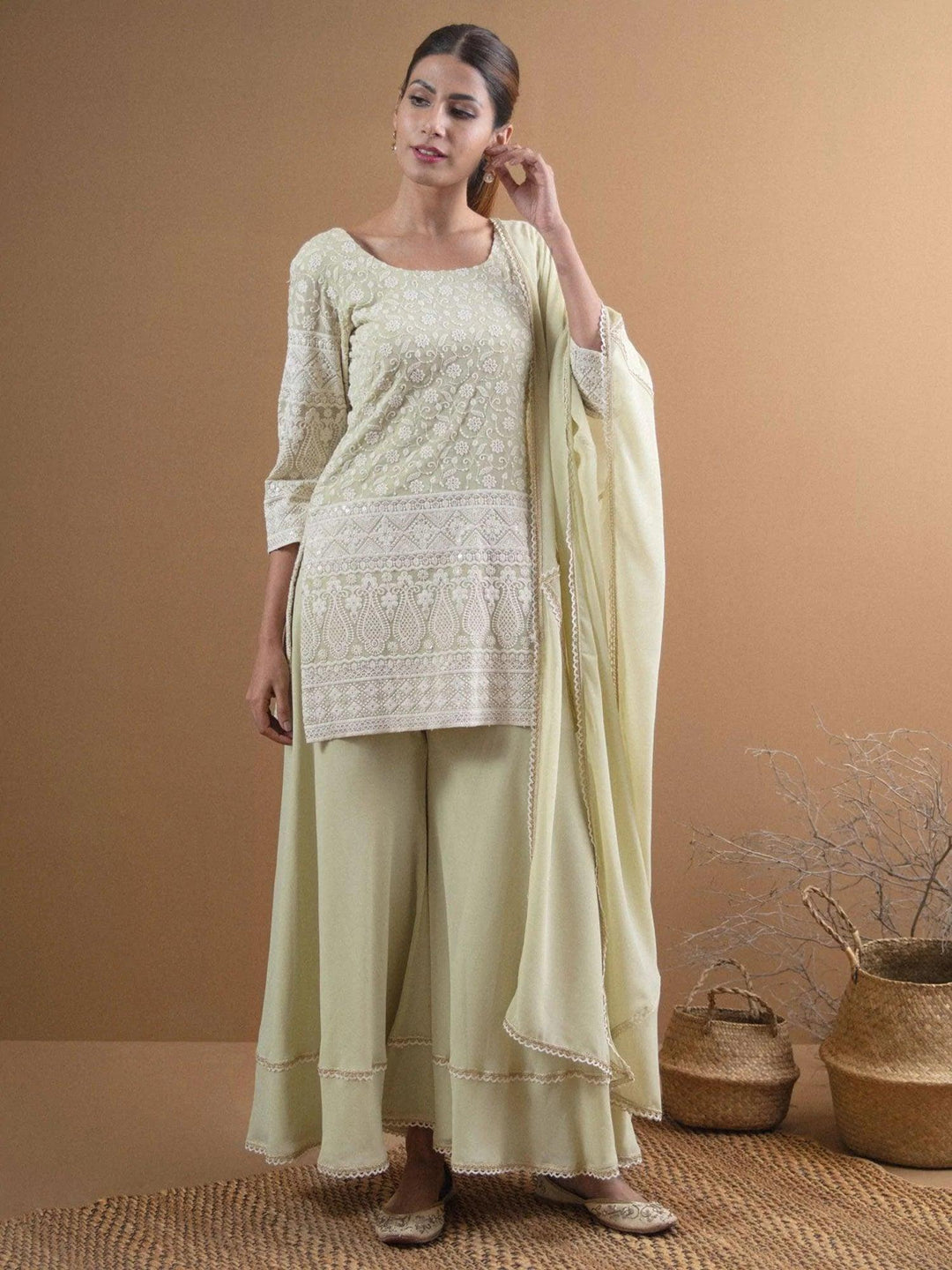 KAYRA Green Embroidered Georgette Suit Set - ShopLibas