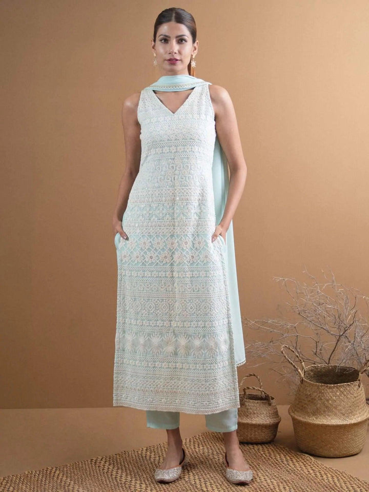 AAVYA Blue Embroidered Georgette Suit Set
