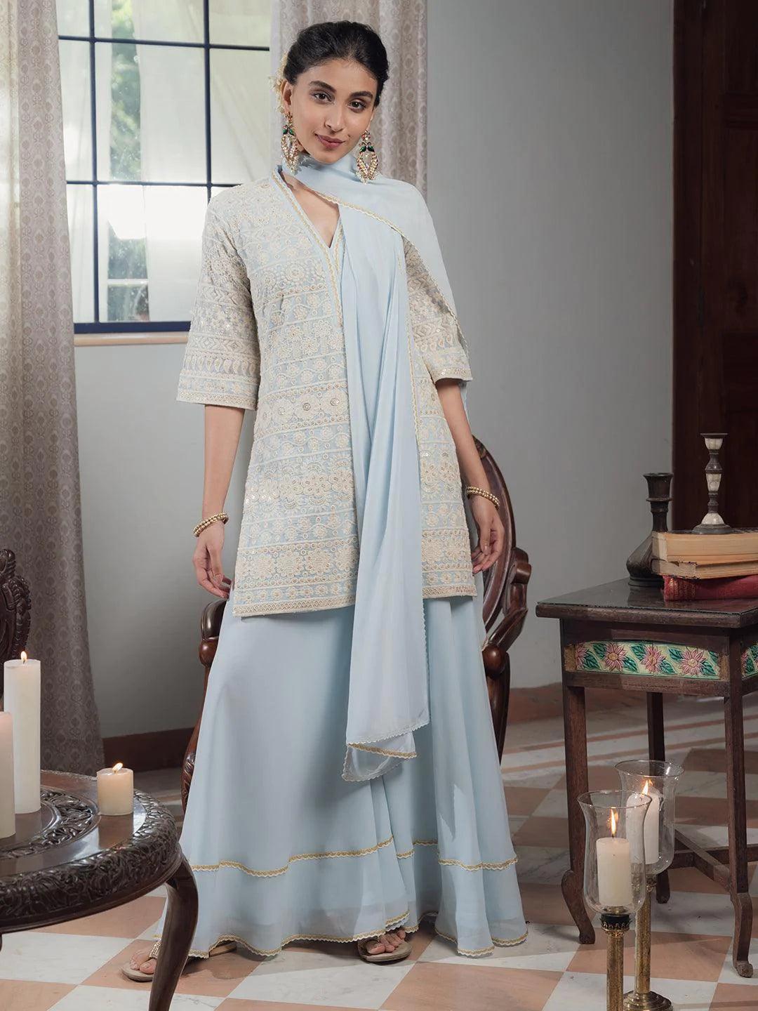 KASHVI Blue Embroidered Georgette Suit Set - ShopLibas