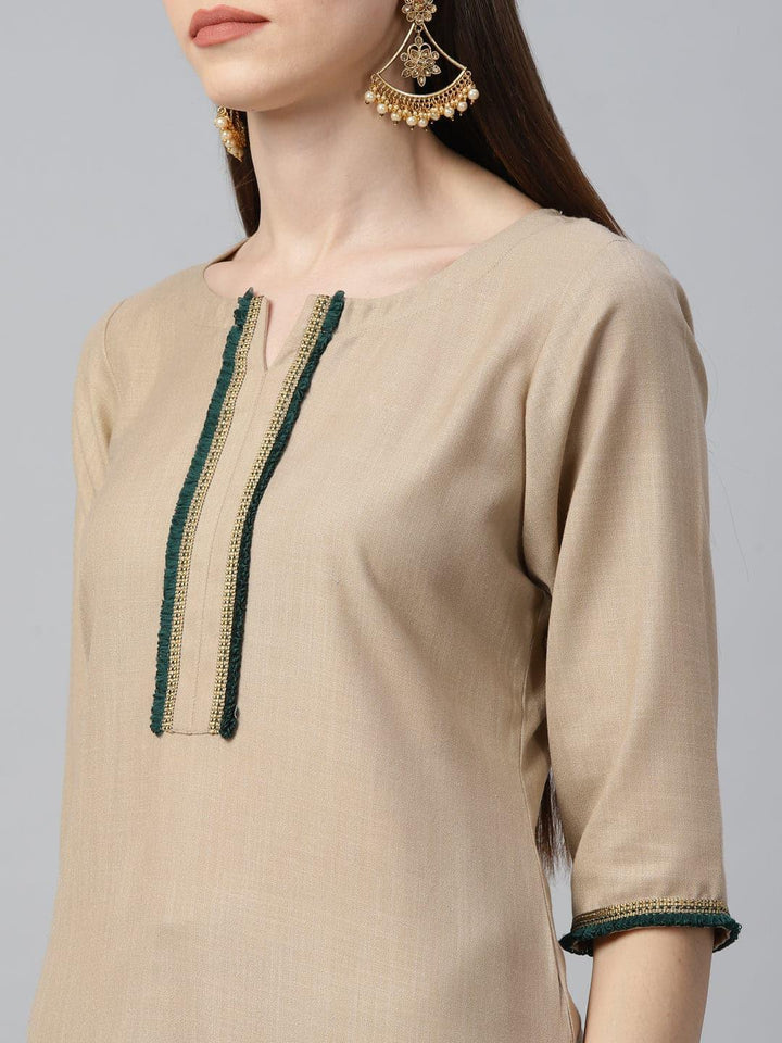 Beige Solid Cotton Suit Set