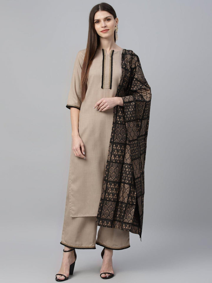 Beige Solid Cotton Suit Set