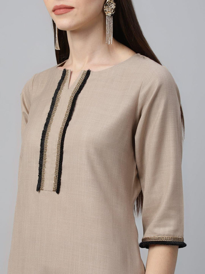 Beige Solid Cotton Suit Set