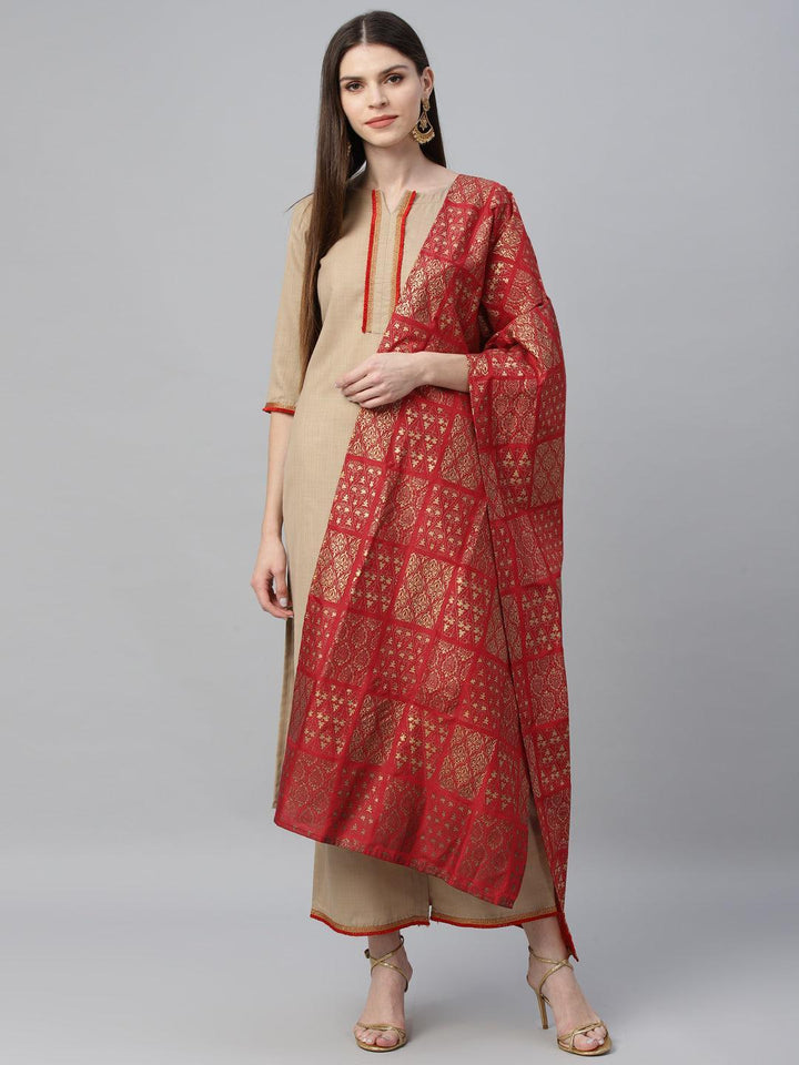 Beige Solid Cotton Suit Set