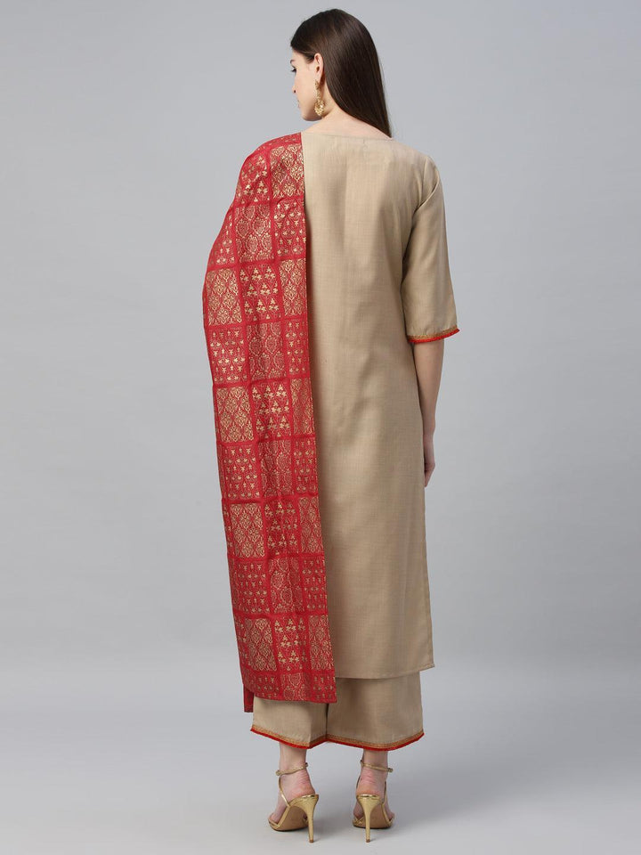 Beige Solid Cotton Suit Set