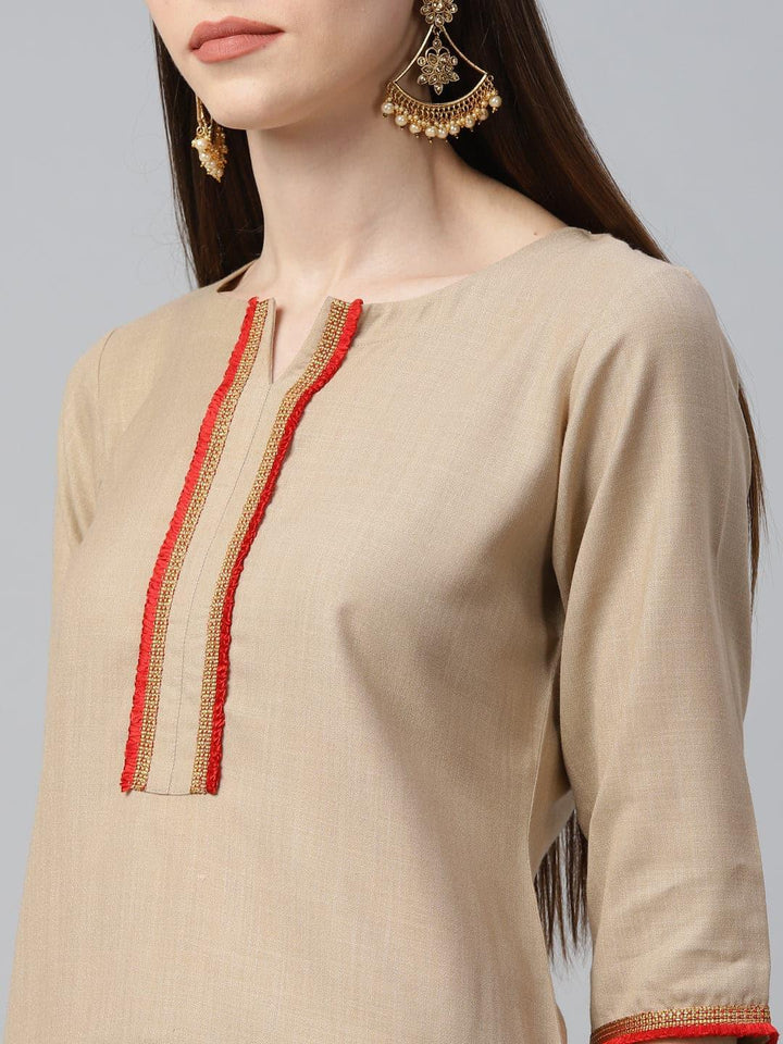 Beige Solid Cotton Suit Set