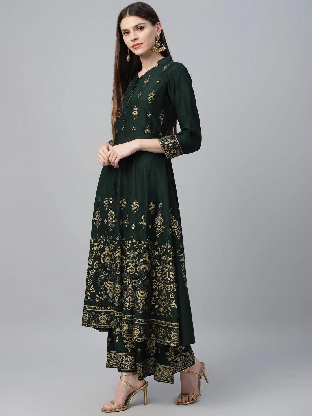 Green Printed Polyester Kurta Set - ShopLibas