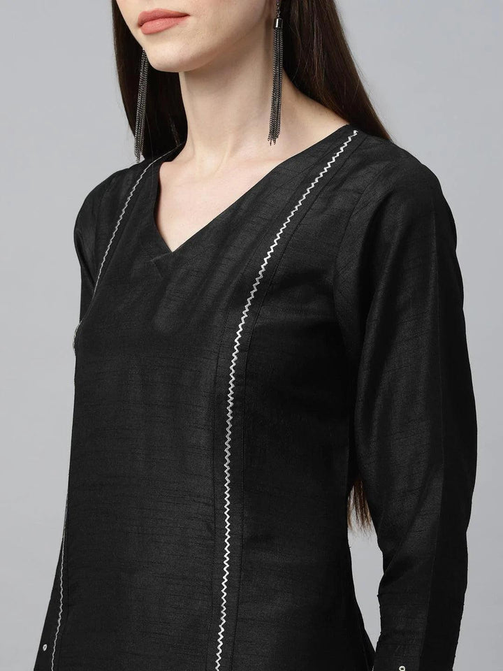 Black Striped Polyester Kurta Set