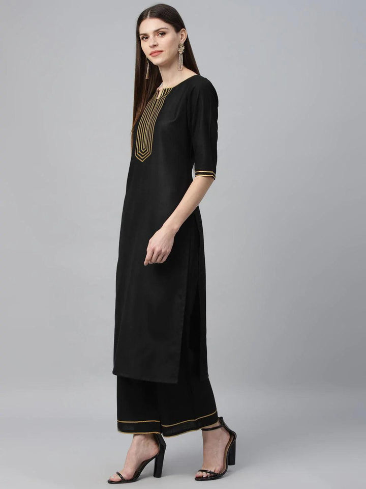 Black Solid Cotton Suit Set