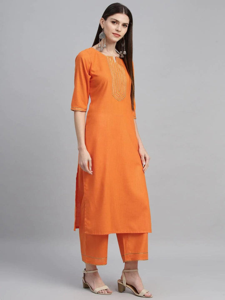 Orange Solid Cotton Suit Set
