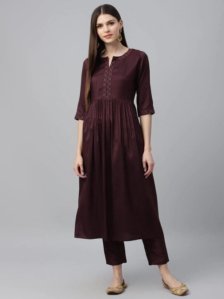Maroon Solid Polyester Kurta Set