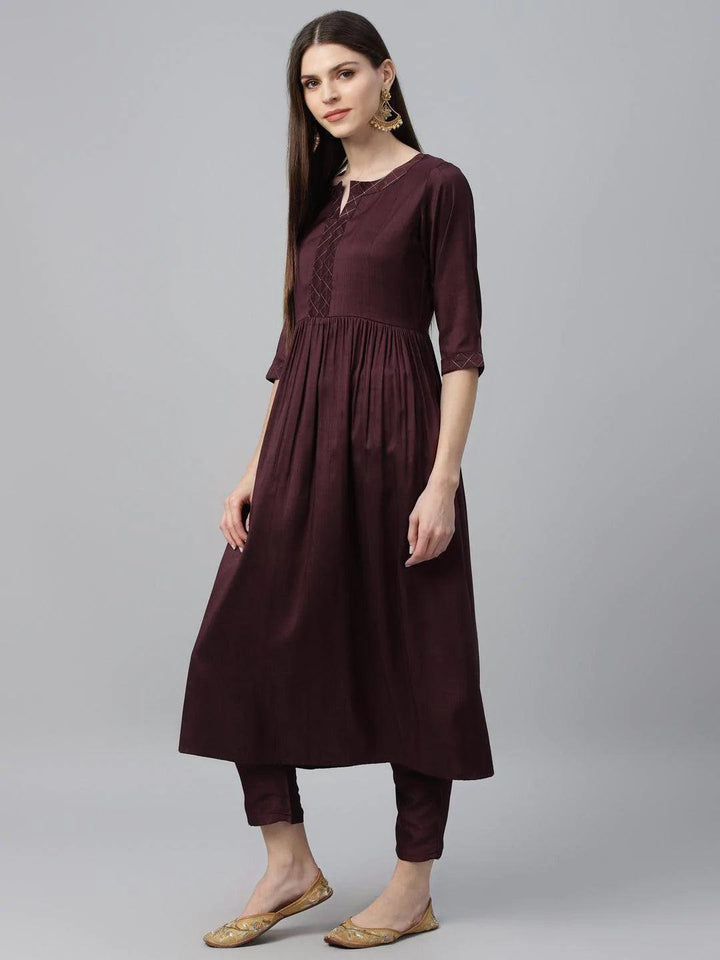 Maroon Solid Polyester Kurta Set