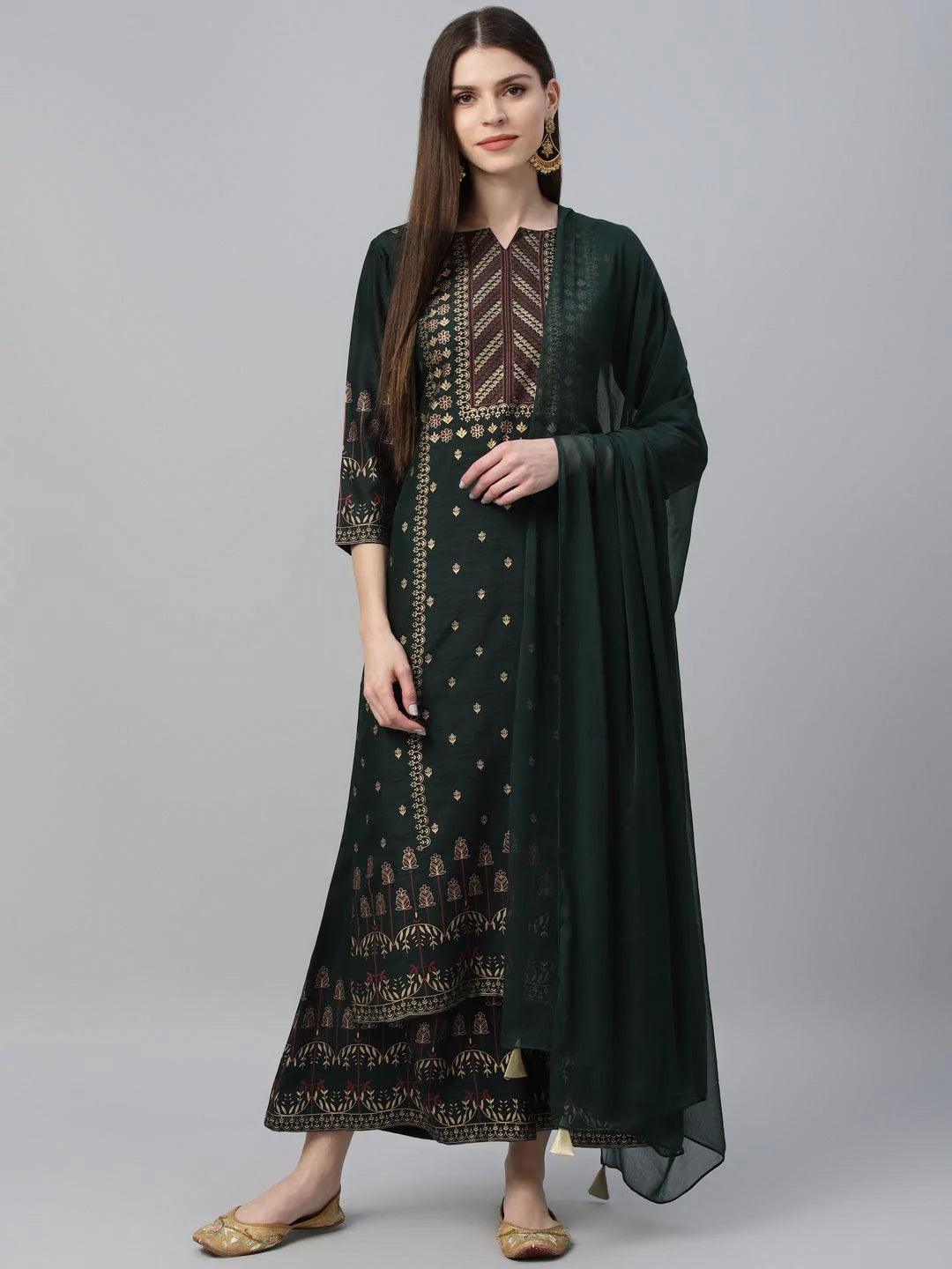 Green Printed Polyester Suit Set - ShopLibas
