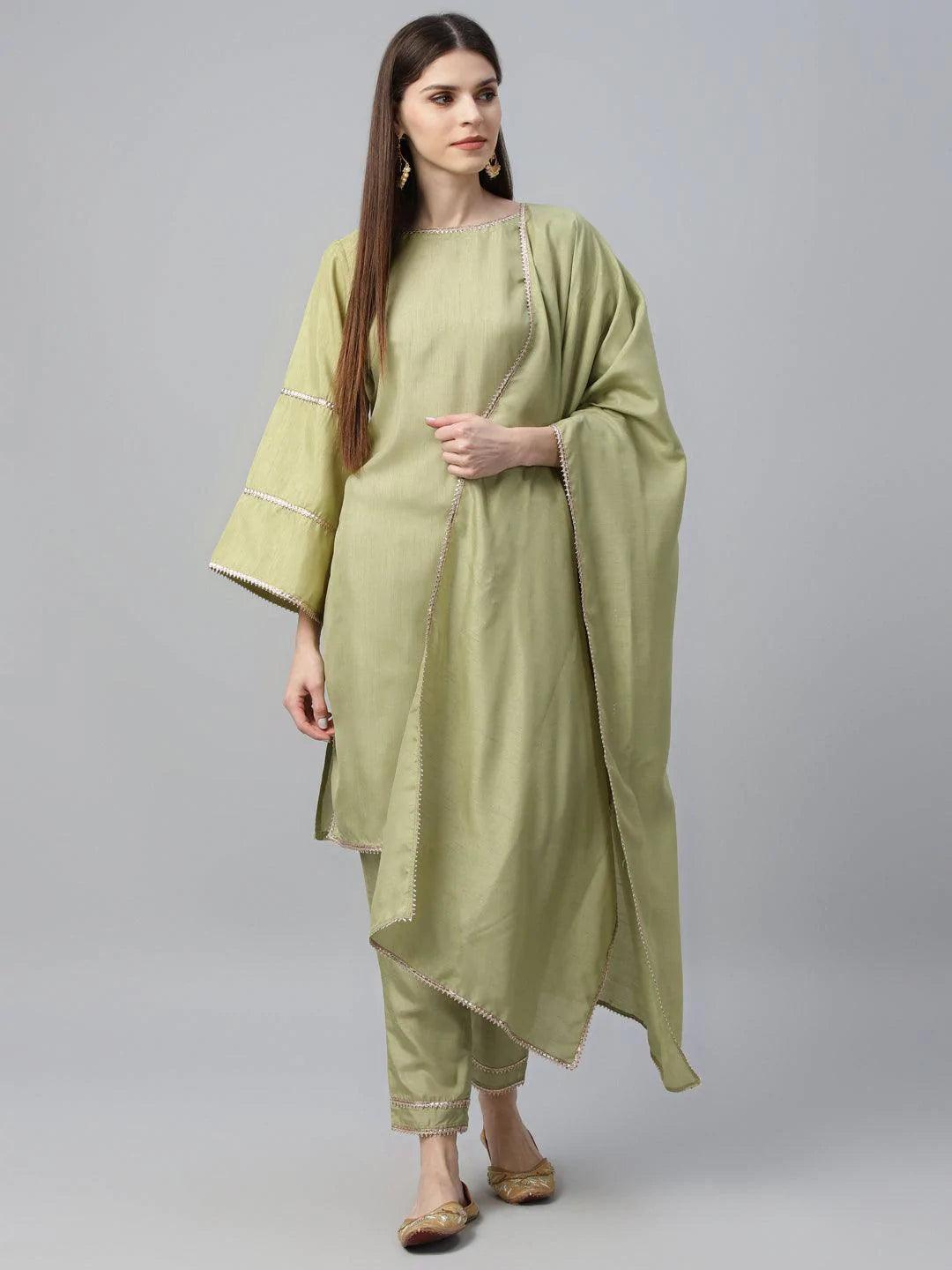 Green Solid Polyester Suit Set - ShopLibas