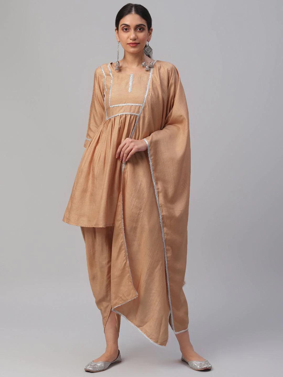 Beige Solid Polyester Suit Set - ShopLibas