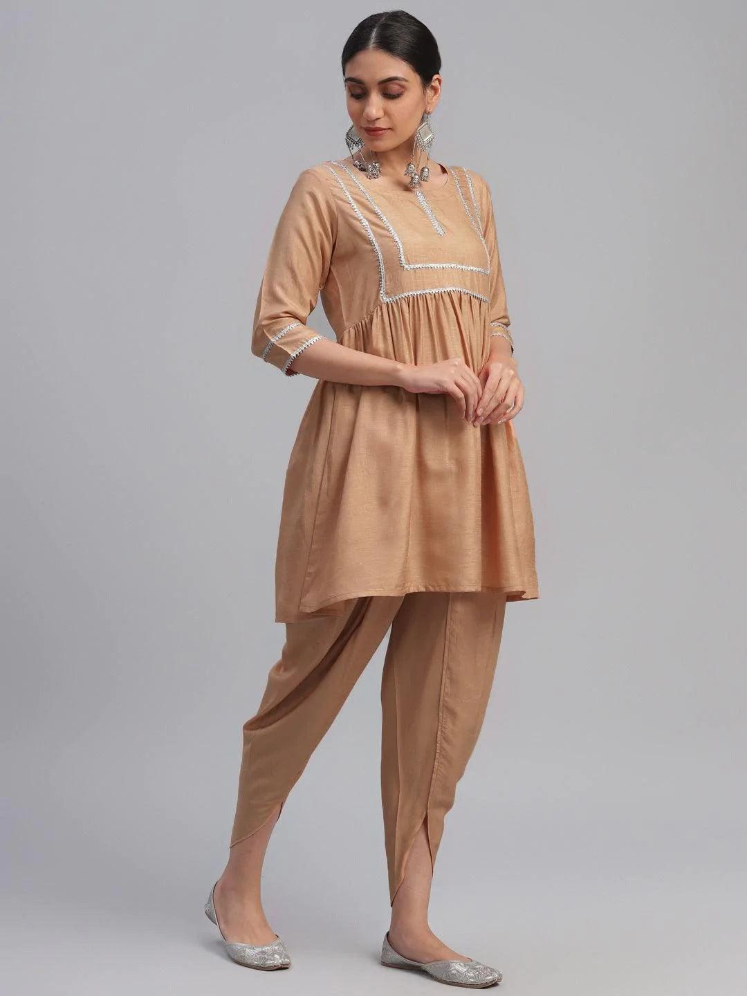 Beige Solid Polyester Suit Set - ShopLibas