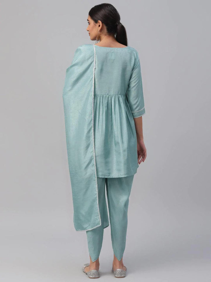 Blue Solid Polyester Suit Set