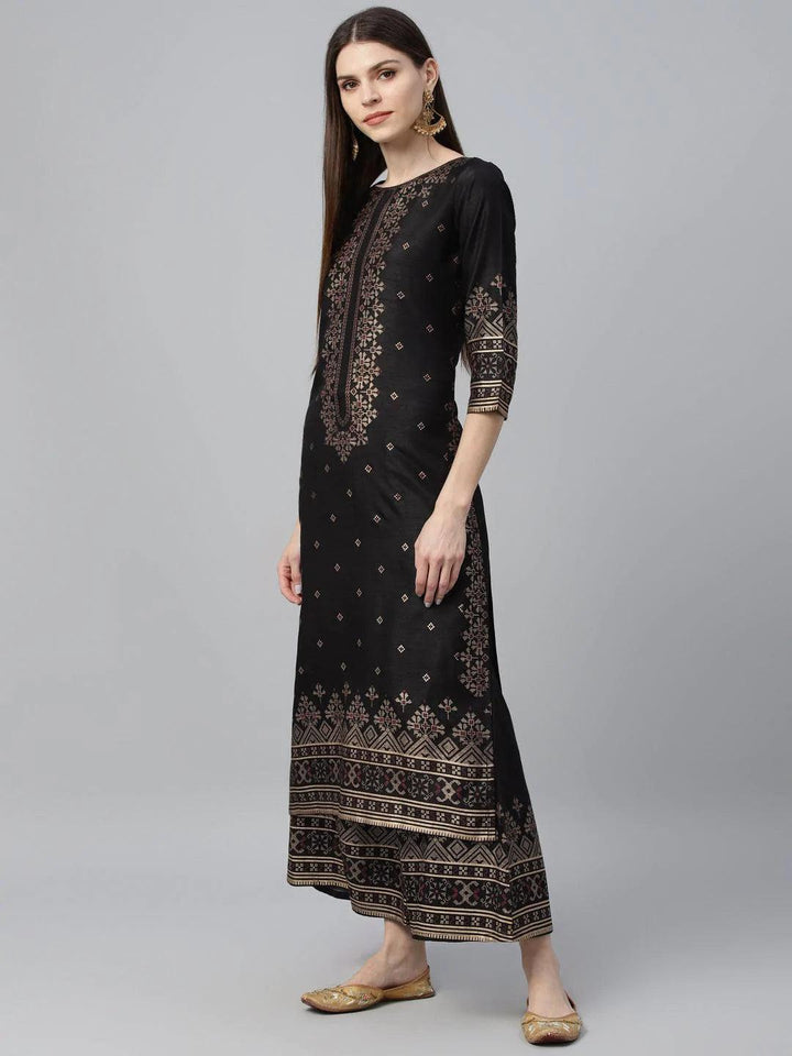 Black Printed Polyester Kurta Set