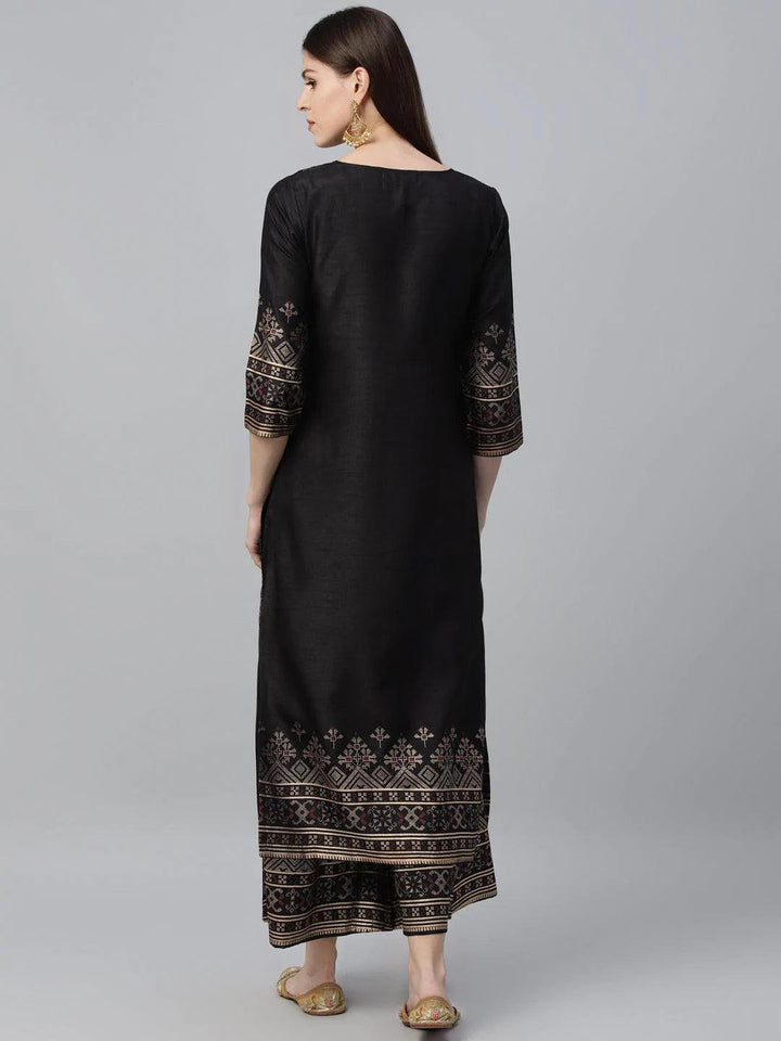 Black Printed Polyester Kurta Set
