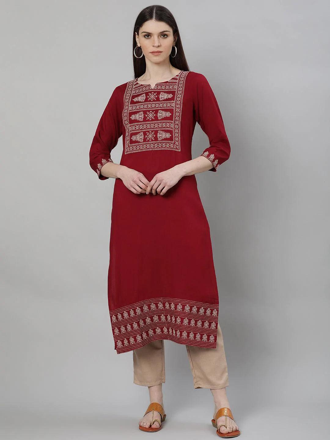 Maroon Embroidered Rayon Kurta Set - ShopLibas