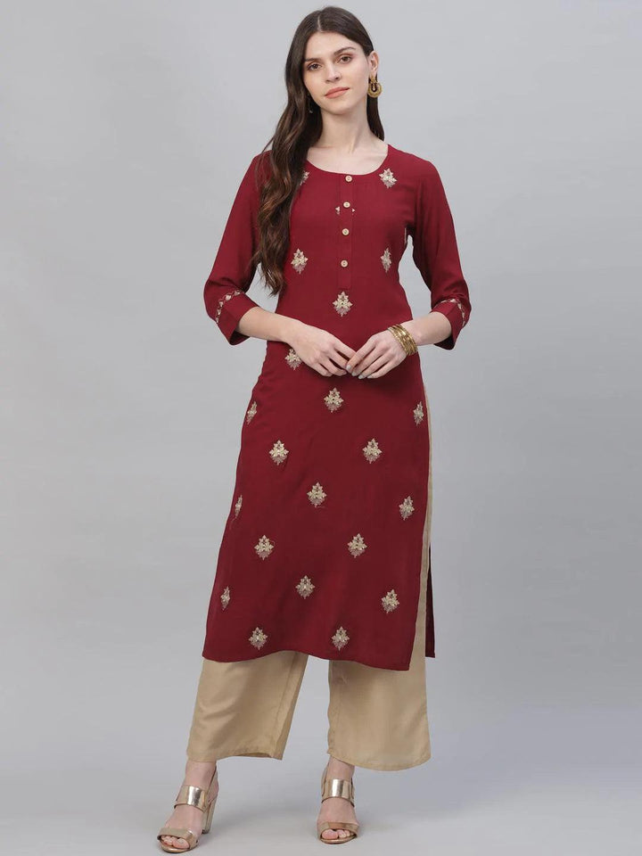 Maroon Embroidered Rayon Kurta Set