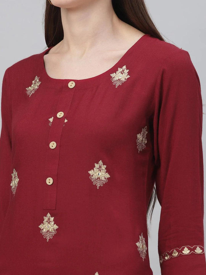 Maroon Embroidered Rayon Kurta Set