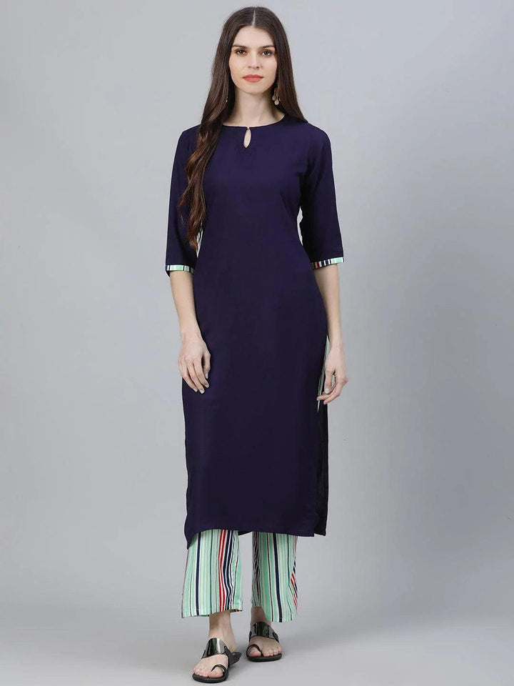 Navy Blue Solid Rayon Kurta Set