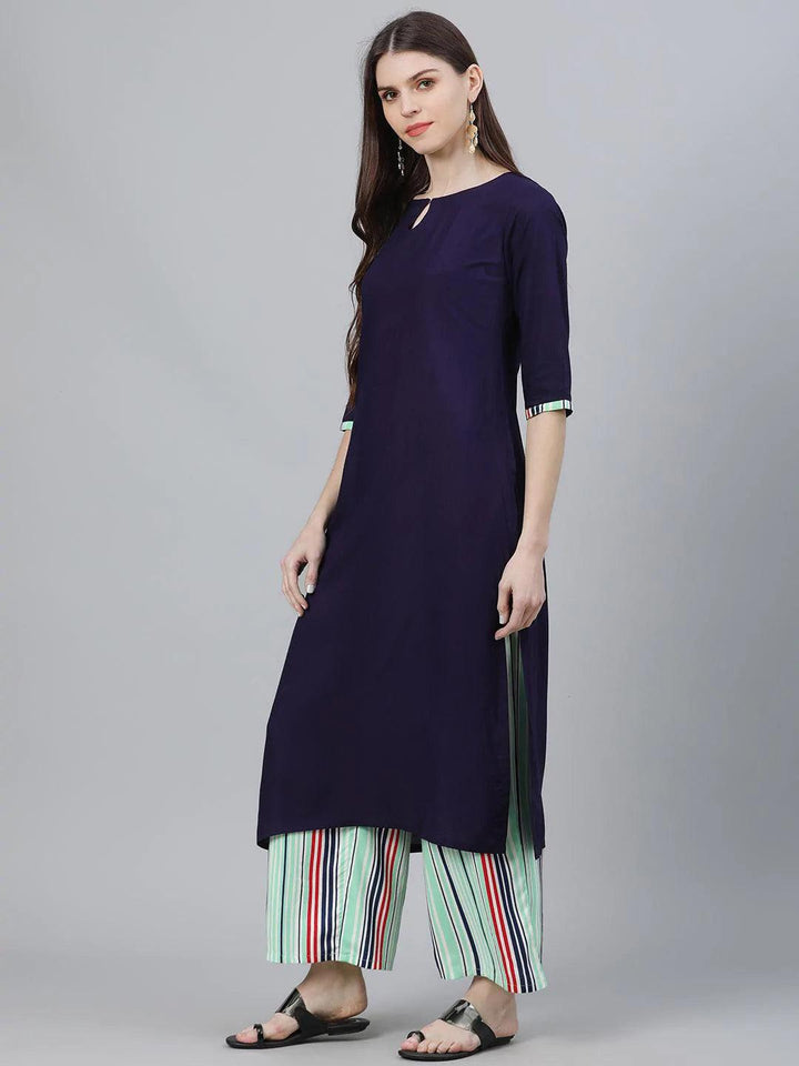 Navy Blue Solid Rayon Kurta Set