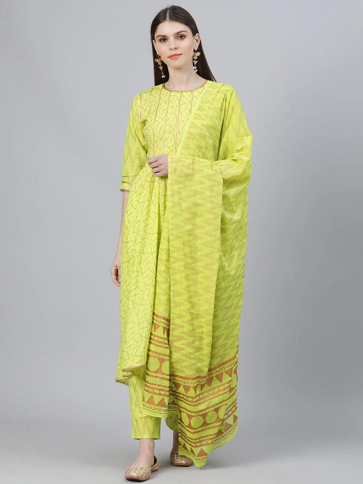 Green Printed Cotton Suit Set