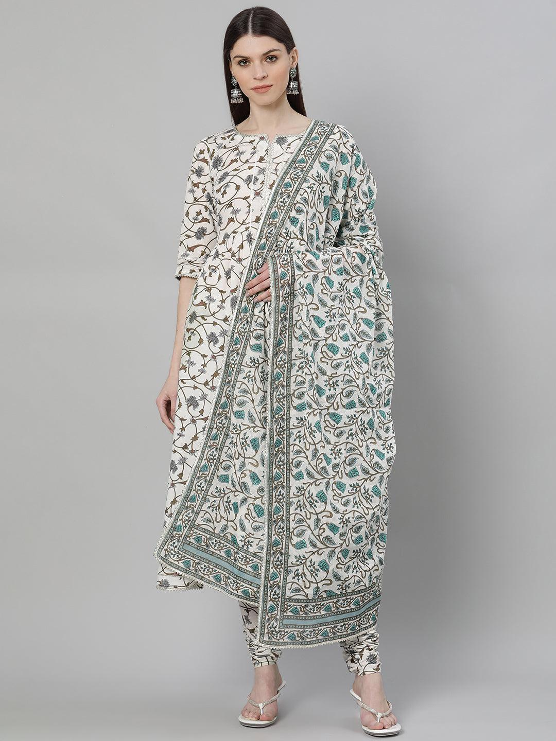 White Printed Cotton Suit Set - ShopLibas
