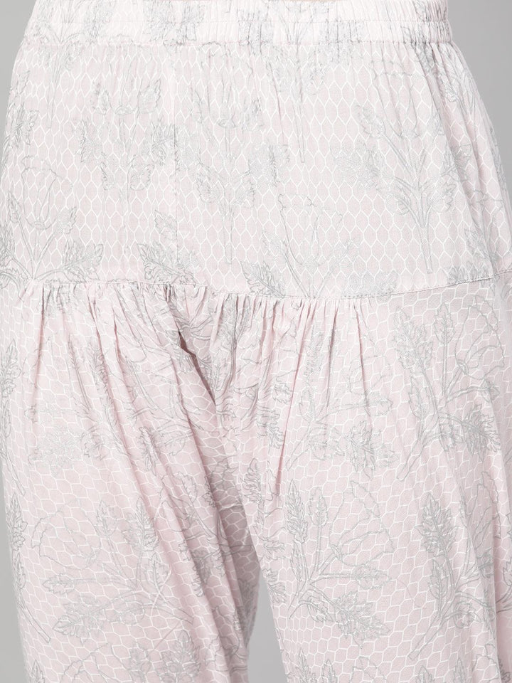 Pink Printed Cotton Anarkali Kurta With Dupatta