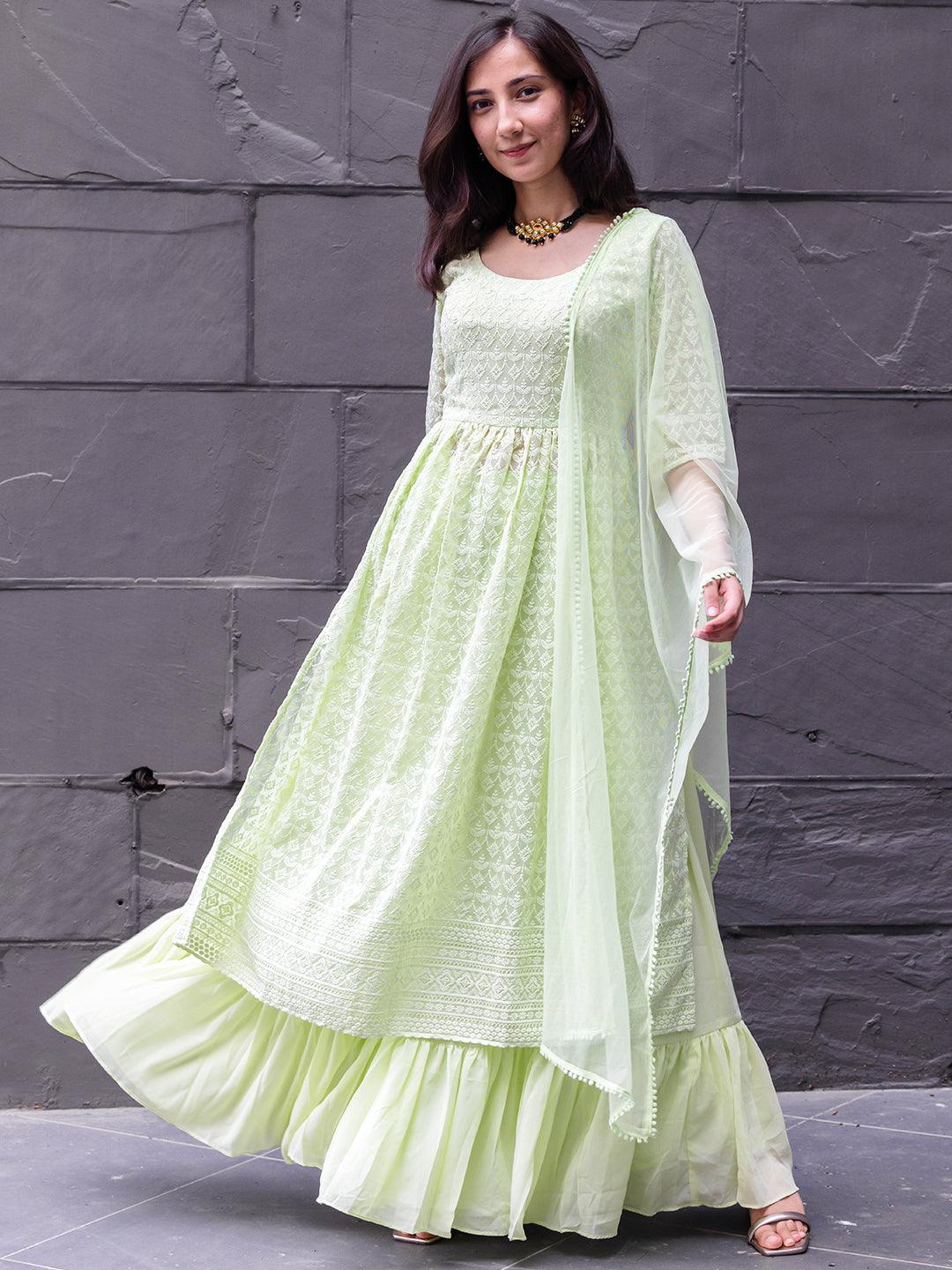 Green Embroidered Georgette A-Line Kurta With Palazzos & Dupatta - ShopLibas